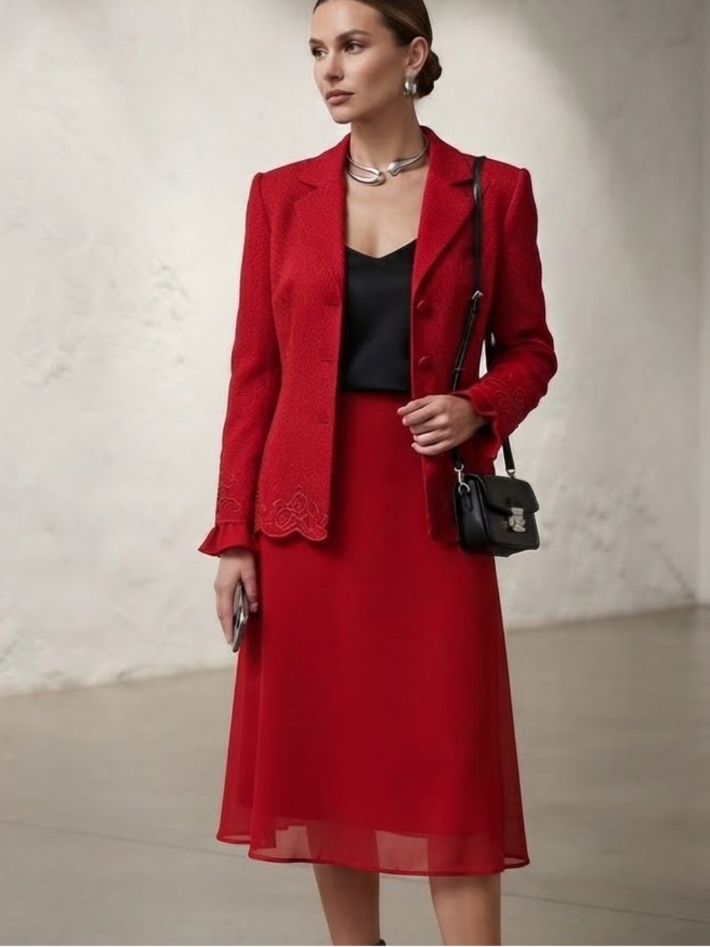 Plaza South Red Skirt Suit 2pc Set Sz 8 Embroidered Beaded Vintage 2007 EUC